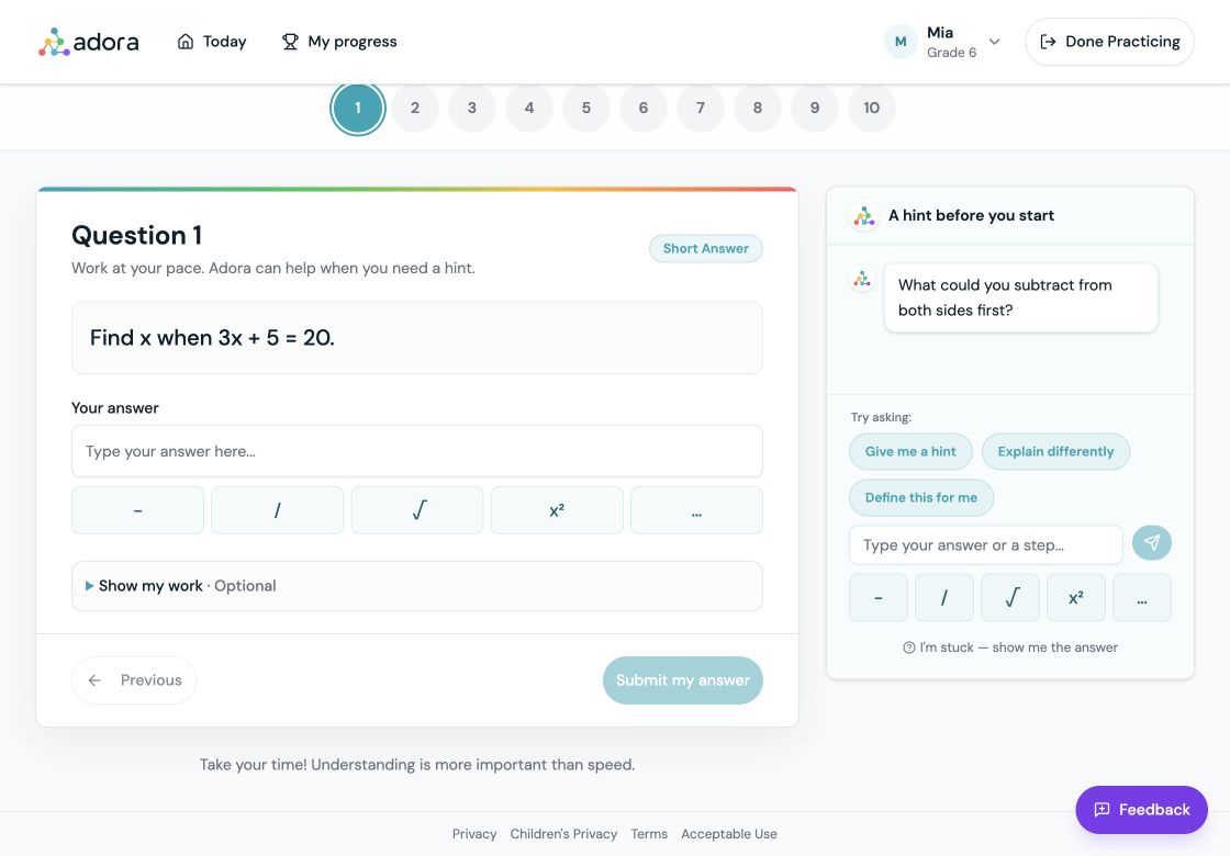 Adora Learn practice question with a helpful hint and space to work out an answer.